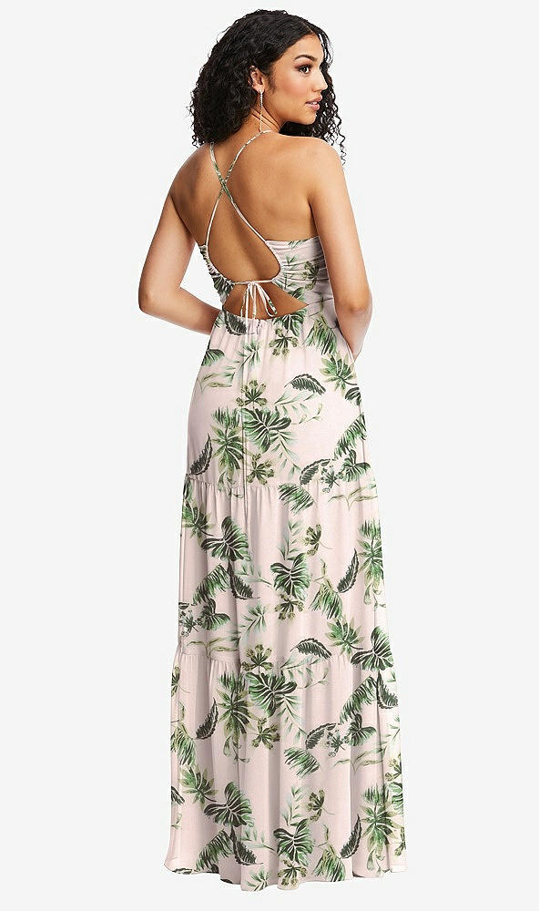 Back View - Palm Beach Print Drawstring Bodice Gathered Tie Open-Back Maxi Dress with Tiered Skirt
