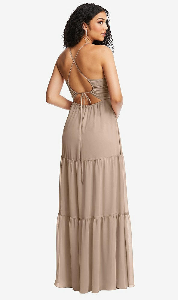 Back View - Topaz Drawstring Bodice Gathered Tie Open-Back Maxi Dress with Tiered Skirt