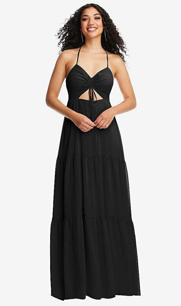 Front View - Black Drawstring Bodice Gathered Tie Open-Back Maxi Dress with Tiered Skirt