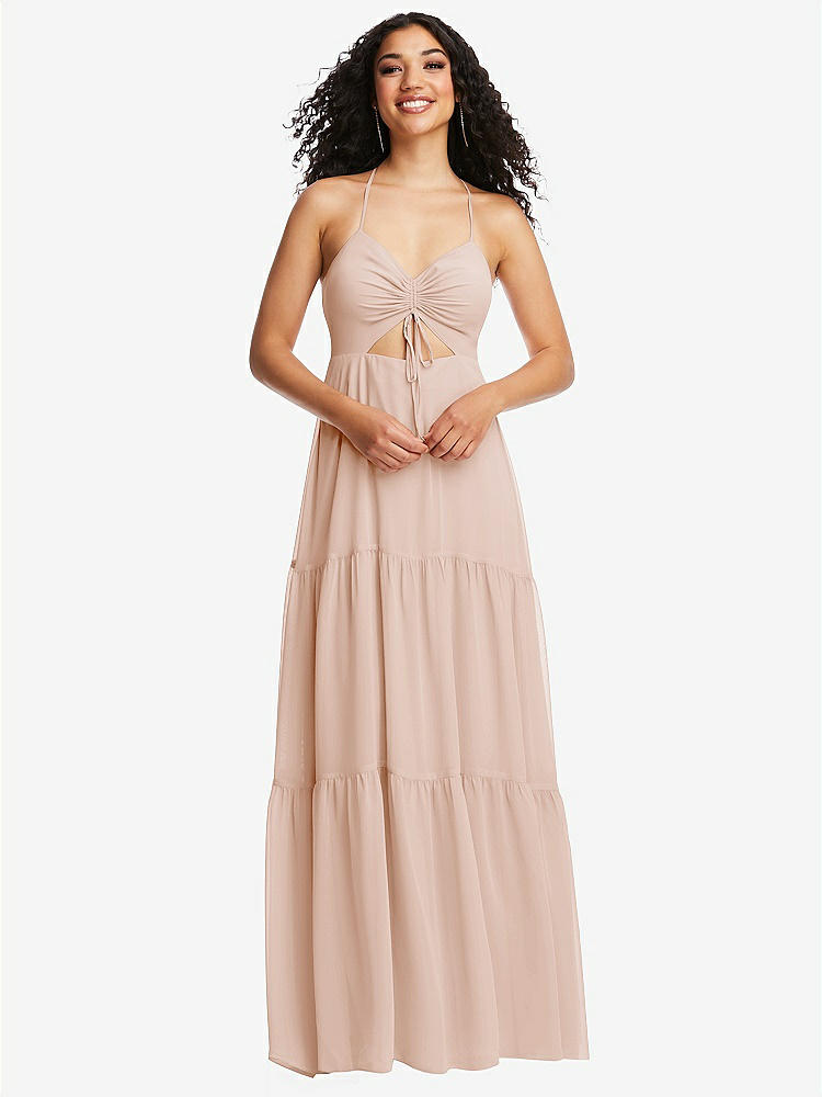 Adjustable Spaghetti Strap Satin Midi Junior Bridesmaid Dress In Cameo