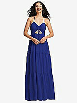 Front View Thumbnail - Cobalt Blue Drawstring Bodice Gathered Tie Open-Back Maxi Dress with Tiered Skirt