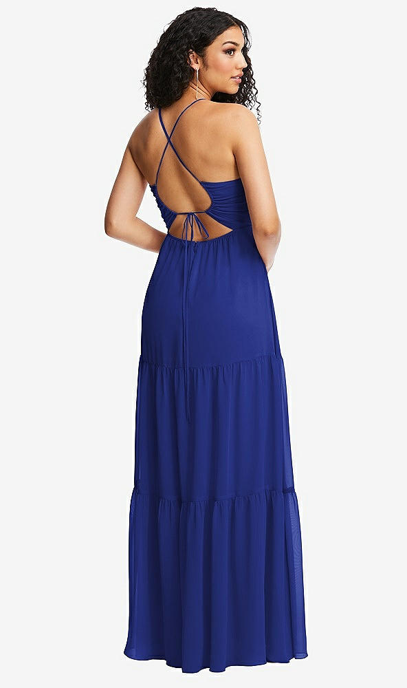 Back View - Cobalt Blue Drawstring Bodice Gathered Tie Open-Back Maxi Dress with Tiered Skirt