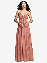 Front View Thumbnail - Desert Rose Drawstring Bodice Gathered Tie Open-Back Maxi Dress with Tiered Skirt