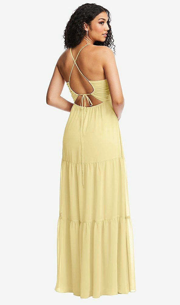 Back View - Pale Yellow Drawstring Bodice Gathered Tie Open-Back Maxi Dress with Tiered Skirt