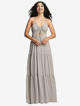 Front View Thumbnail - Taupe Drawstring Bodice Gathered Tie Open-Back Maxi Dress with Tiered Skirt