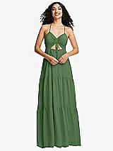 Front View Thumbnail - Vineyard Green Drawstring Bodice Gathered Tie Open-Back Maxi Dress with Tiered Skirt