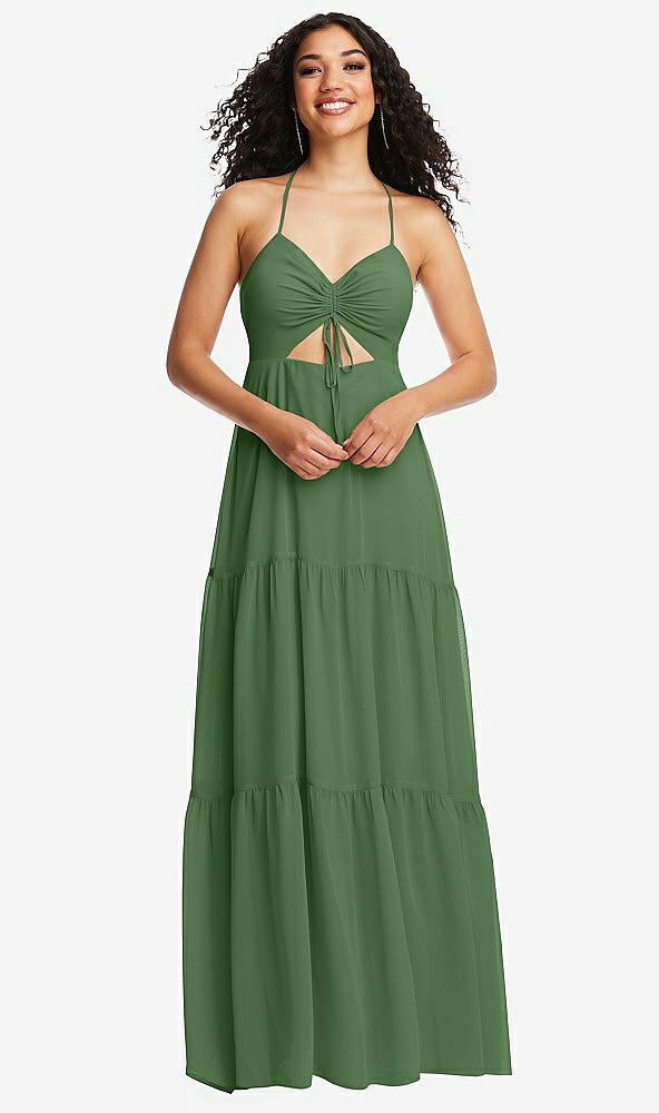 Front View - Vineyard Green Drawstring Bodice Gathered Tie Open-Back Maxi Dress with Tiered Skirt