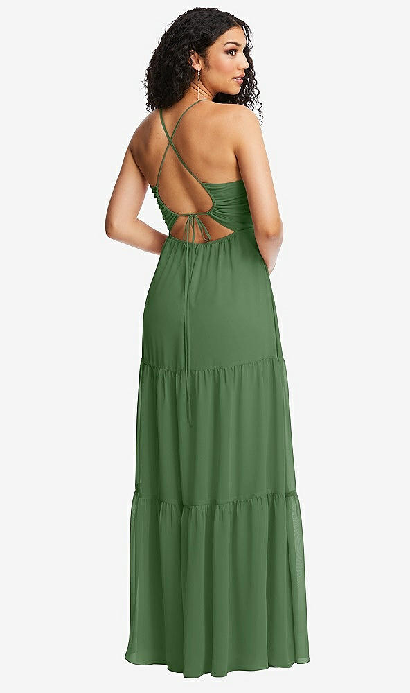 Back View - Vineyard Green Drawstring Bodice Gathered Tie Open-Back Maxi Dress with Tiered Skirt