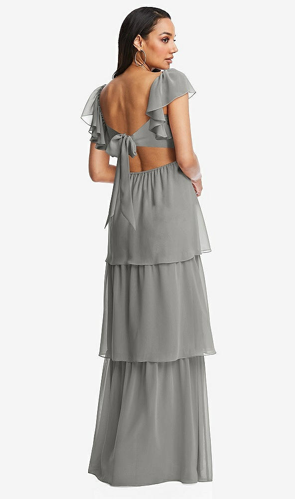 Back View - Chelsea Gray Flutter Sleeve Cutout Tie-Back Maxi Dress with Tiered Ruffle Skirt