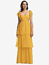 Front View Thumbnail - NYC Yellow Flutter Sleeve Cutout Tie-Back Maxi Dress with Tiered Ruffle Skirt
