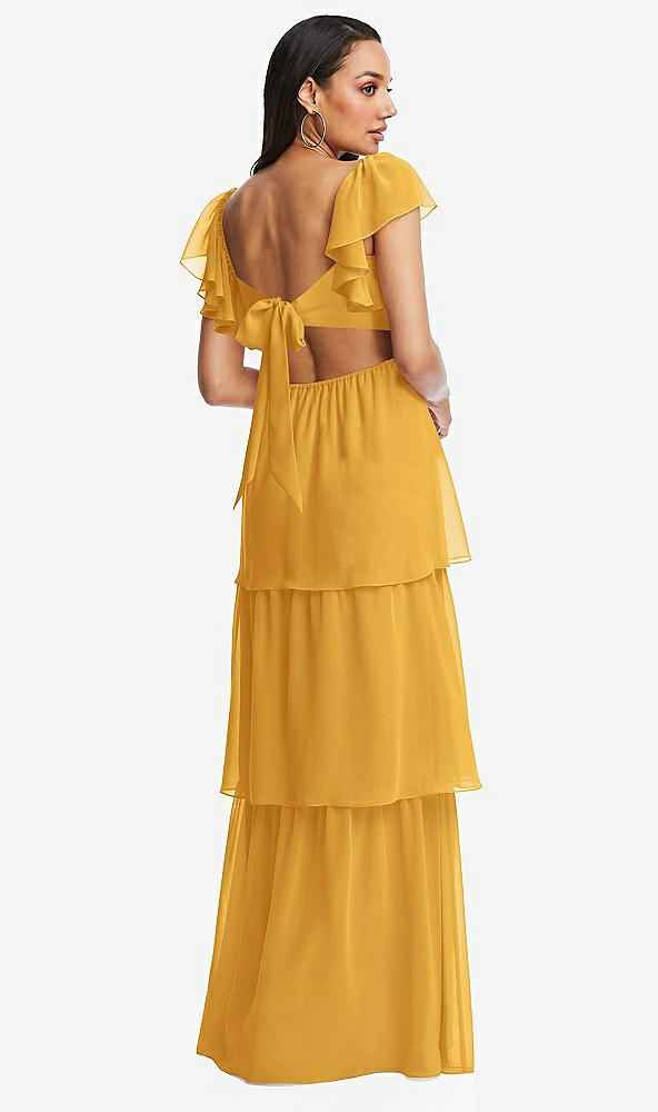 Back View - NYC Yellow Flutter Sleeve Cutout Tie-Back Maxi Dress with Tiered Ruffle Skirt