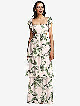 Front View Thumbnail - Palm Beach Print Flutter Sleeve Cutout Tie-Back Maxi Dress with Tiered Ruffle Skirt