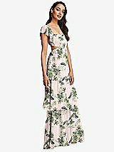 Side View Thumbnail - Palm Beach Print Flutter Sleeve Cutout Tie-Back Maxi Dress with Tiered Ruffle Skirt
