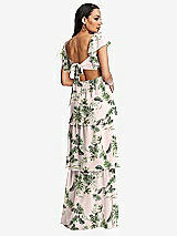 Rear View Thumbnail - Palm Beach Print Flutter Sleeve Cutout Tie-Back Maxi Dress with Tiered Ruffle Skirt