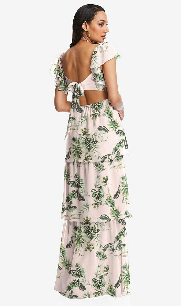 Back View - Palm Beach Print Flutter Sleeve Cutout Tie-Back Maxi Dress with Tiered Ruffle Skirt