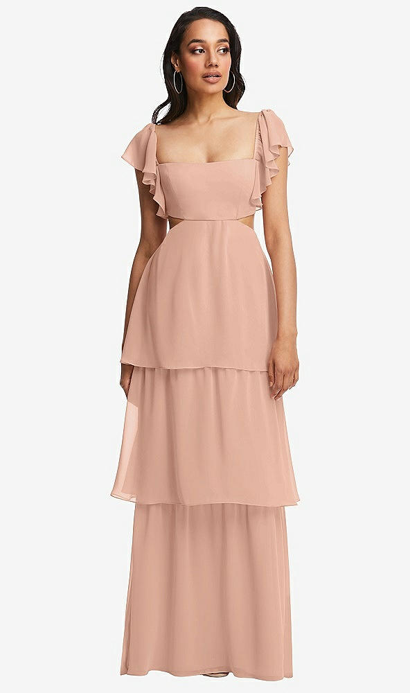 Front View - Pale Peach Flutter Sleeve Cutout Tie-Back Maxi Dress with Tiered Ruffle Skirt
