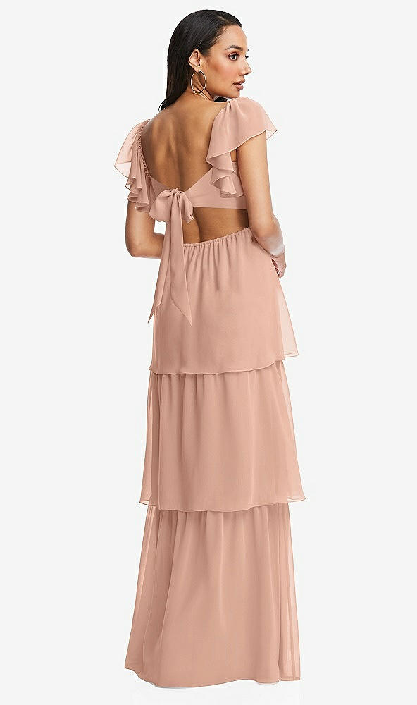 Back View - Pale Peach Flutter Sleeve Cutout Tie-Back Maxi Dress with Tiered Ruffle Skirt
