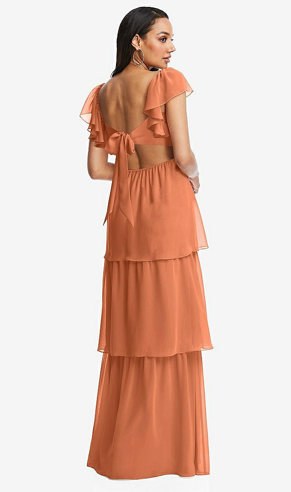 Back View - Sweet Melon Flutter Sleeve Cutout Tie-Back Maxi Dress with Tiered Ruffle Skirt