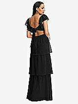Rear View Thumbnail - Black Flutter Sleeve Cutout Tie-Back Maxi Dress with Tiered Ruffle Skirt