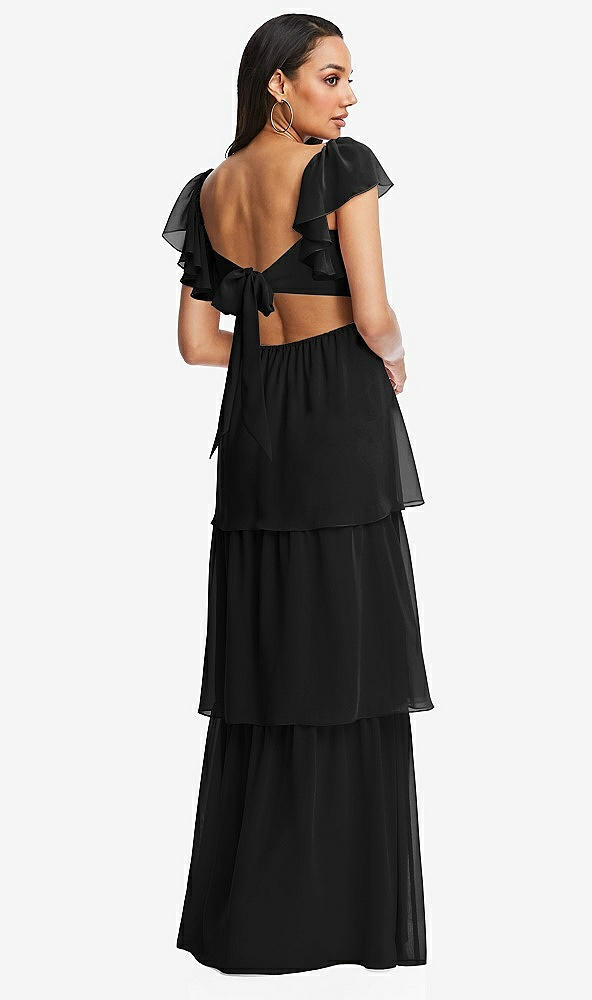 Back View - Black Flutter Sleeve Cutout Tie-Back Maxi Dress with Tiered Ruffle Skirt
