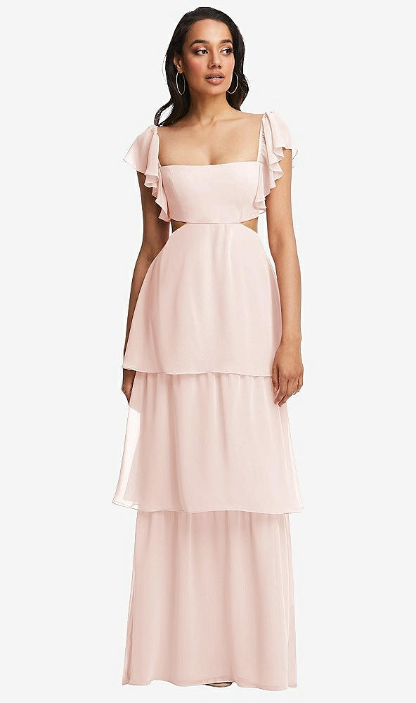 Front View - Blush Flutter Sleeve Cutout Tie-Back Maxi Dress with Tiered Ruffle Skirt