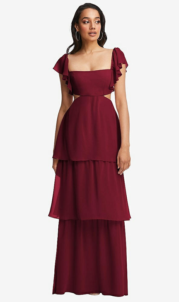 Front View - Burgundy Flutter Sleeve Cutout Tie-Back Maxi Dress with Tiered Ruffle Skirt