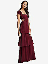 Side View Thumbnail - Burgundy Flutter Sleeve Cutout Tie-Back Maxi Dress with Tiered Ruffle Skirt