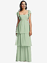 Front View Thumbnail - Celadon Flutter Sleeve Cutout Tie-Back Maxi Dress with Tiered Ruffle Skirt