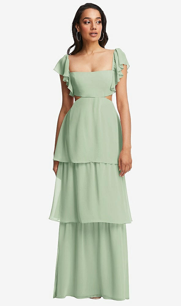 Front View - Celadon Flutter Sleeve Cutout Tie-Back Maxi Dress with Tiered Ruffle Skirt