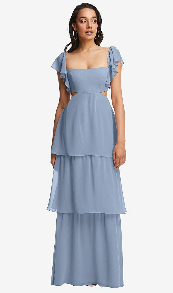 Front View - Cloudy Flutter Sleeve Cutout Tie-Back Maxi Dress with Tiered Ruffle Skirt