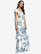 Side View Thumbnail - Cottage Rose Dusk Blue Flutter Sleeve Cutout Tie-Back Maxi Dress with Tiered Ruffle Skirt