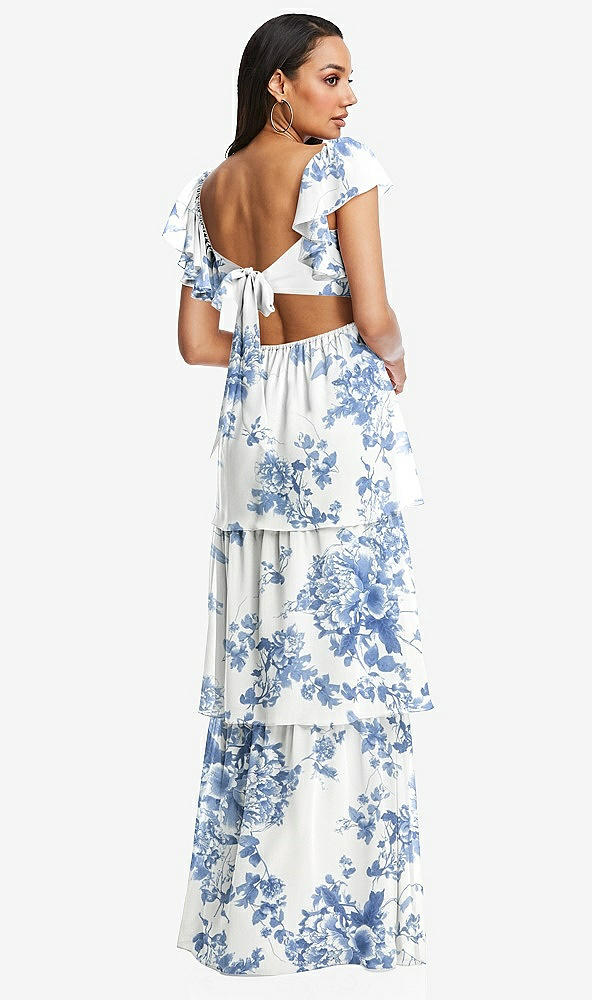 Back View - Cottage Rose Dusk Blue Flutter Sleeve Cutout Tie-Back Maxi Dress with Tiered Ruffle Skirt