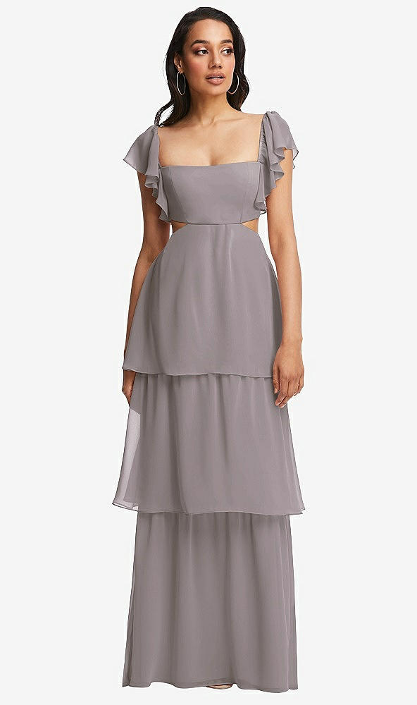 Front View - Cashmere Gray Flutter Sleeve Cutout Tie-Back Maxi Dress with Tiered Ruffle Skirt