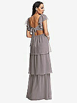 Rear View Thumbnail - Cashmere Gray Flutter Sleeve Cutout Tie-Back Maxi Dress with Tiered Ruffle Skirt