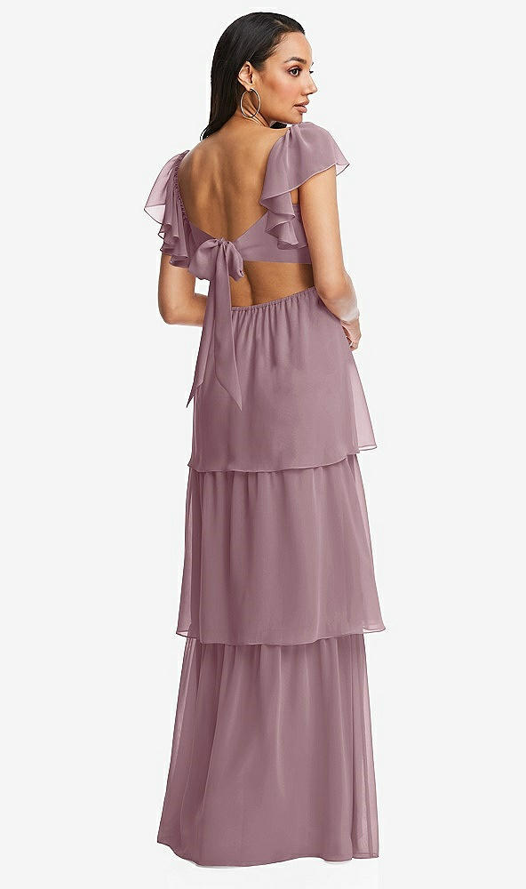 Back View - Dusty Rose Flutter Sleeve Cutout Tie-Back Maxi Dress with Tiered Ruffle Skirt