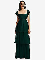 Front View Thumbnail - Evergreen Flutter Sleeve Cutout Tie-Back Maxi Dress with Tiered Ruffle Skirt