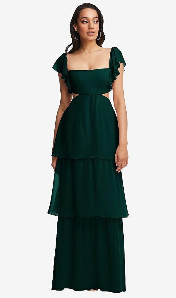 Front View - Evergreen Flutter Sleeve Cutout Tie-Back Maxi Dress with Tiered Ruffle Skirt