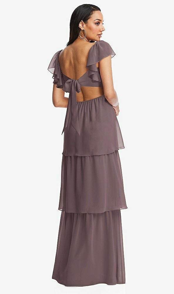Back View - French Truffle Flutter Sleeve Cutout Tie-Back Maxi Dress with Tiered Ruffle Skirt