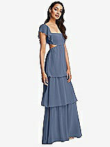 Side View Thumbnail - Larkspur Blue Flutter Sleeve Cutout Tie-Back Maxi Dress with Tiered Ruffle Skirt