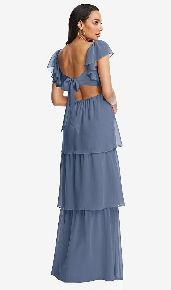 Back View - Larkspur Blue Flutter Sleeve Cutout Tie-Back Maxi Dress with Tiered Ruffle Skirt