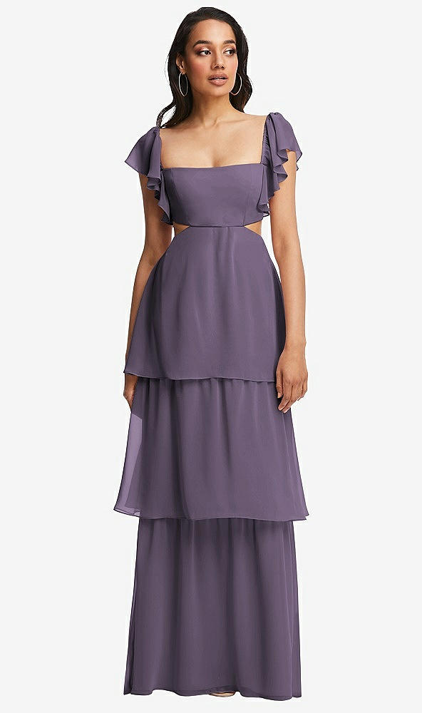 Front View - Lavender Flutter Sleeve Cutout Tie-Back Maxi Dress with Tiered Ruffle Skirt