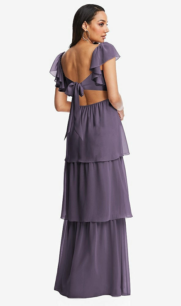 Back View - Lavender Flutter Sleeve Cutout Tie-Back Maxi Dress with Tiered Ruffle Skirt