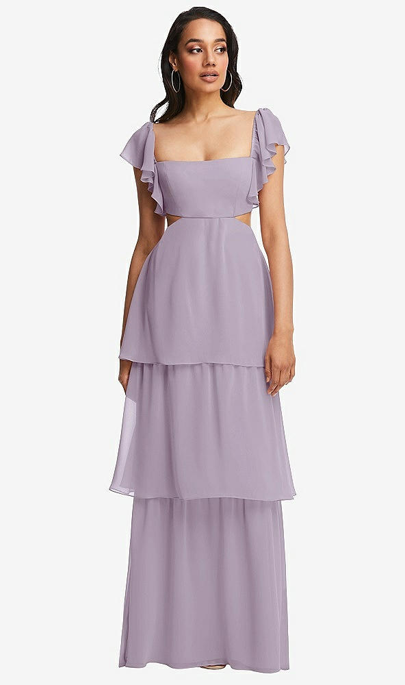 Front View - Lilac Haze Flutter Sleeve Cutout Tie-Back Maxi Dress with Tiered Ruffle Skirt