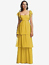 Front View Thumbnail - Marigold Flutter Sleeve Cutout Tie-Back Maxi Dress with Tiered Ruffle Skirt