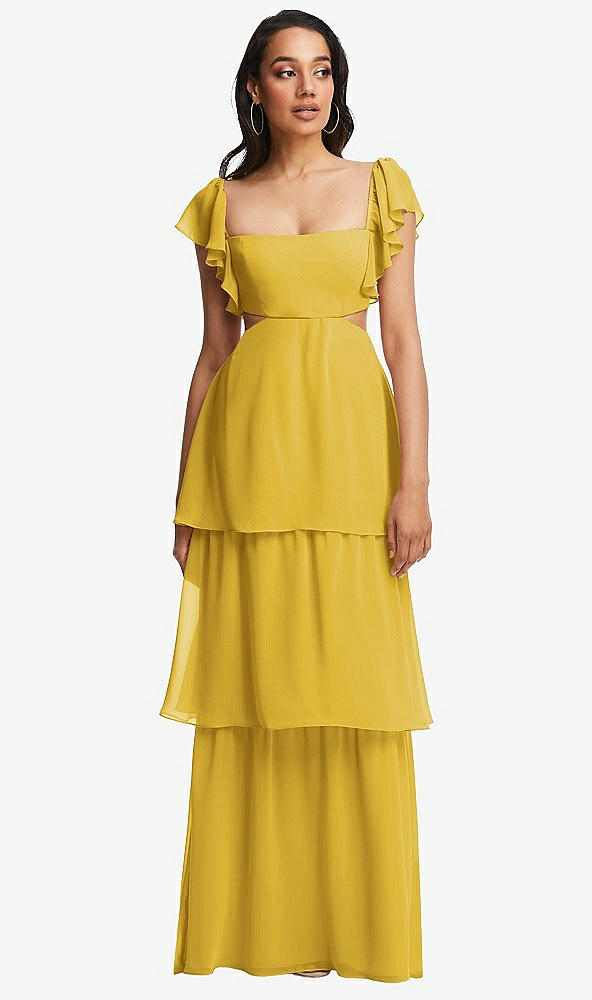 Front View - Marigold Flutter Sleeve Cutout Tie-Back Maxi Dress with Tiered Ruffle Skirt