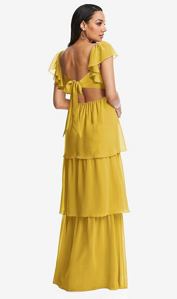 Back View - Marigold Flutter Sleeve Cutout Tie-Back Maxi Dress with Tiered Ruffle Skirt