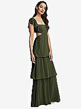 Side View Thumbnail - Olive Green Flutter Sleeve Cutout Tie-Back Maxi Dress with Tiered Ruffle Skirt