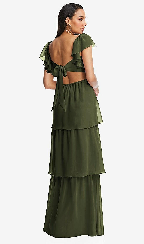 Back View - Olive Green Flutter Sleeve Cutout Tie-Back Maxi Dress with Tiered Ruffle Skirt