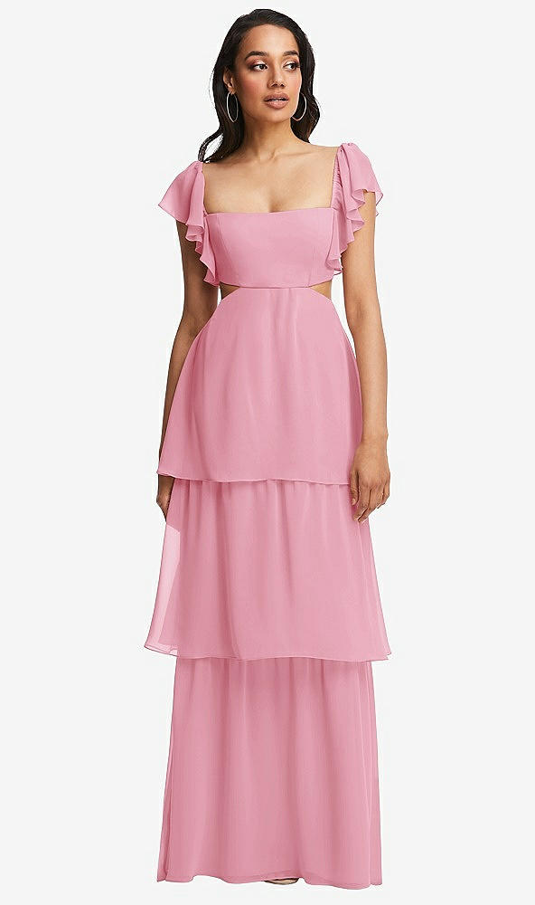 Front View - Peony Pink Flutter Sleeve Cutout Tie-Back Maxi Dress with Tiered Ruffle Skirt