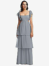 Front View Thumbnail - Platinum Flutter Sleeve Cutout Tie-Back Maxi Dress with Tiered Ruffle Skirt